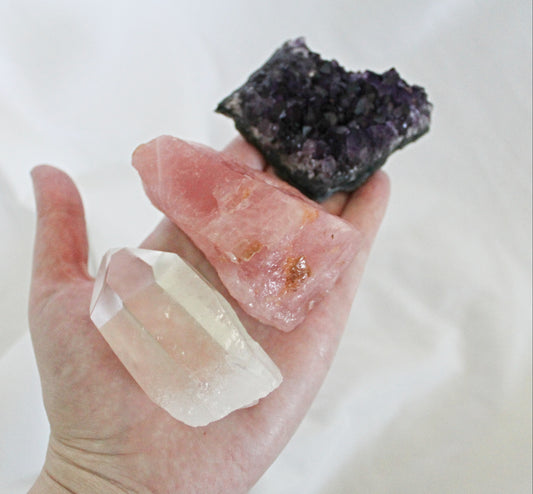Raw Crystal Set Featuring Amethyst, Rose Quartz, and Clear Quartz