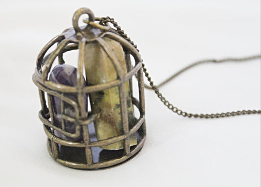 Birdcage Crystal Necklace featuring Serpentine and Chevron Amethyst