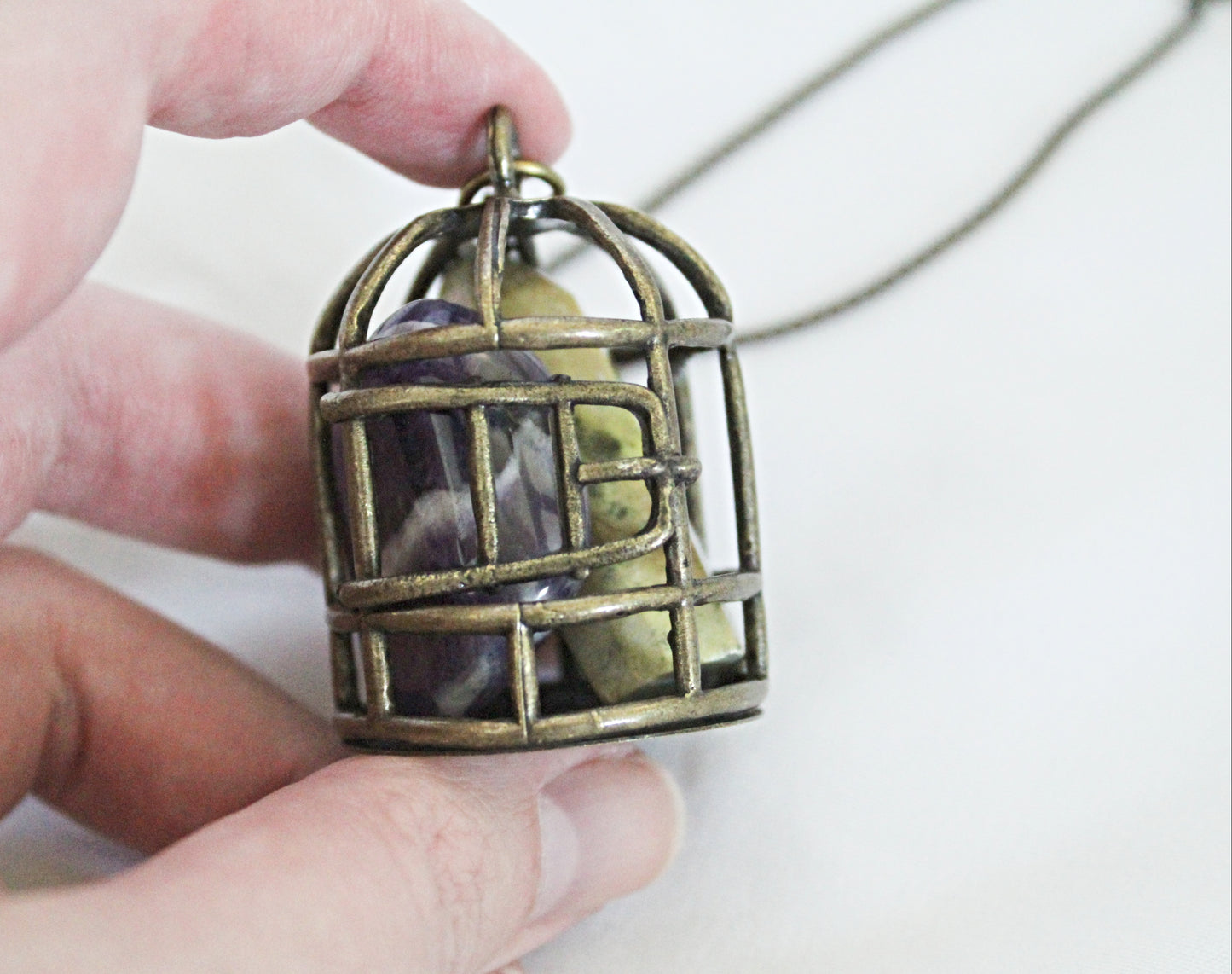 Birdcage Crystal Necklace featuring Serpentine and Chevron Amethyst