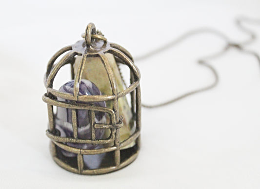 Birdcage Crystal Necklace featuring Serpentine and Chevron Amethyst