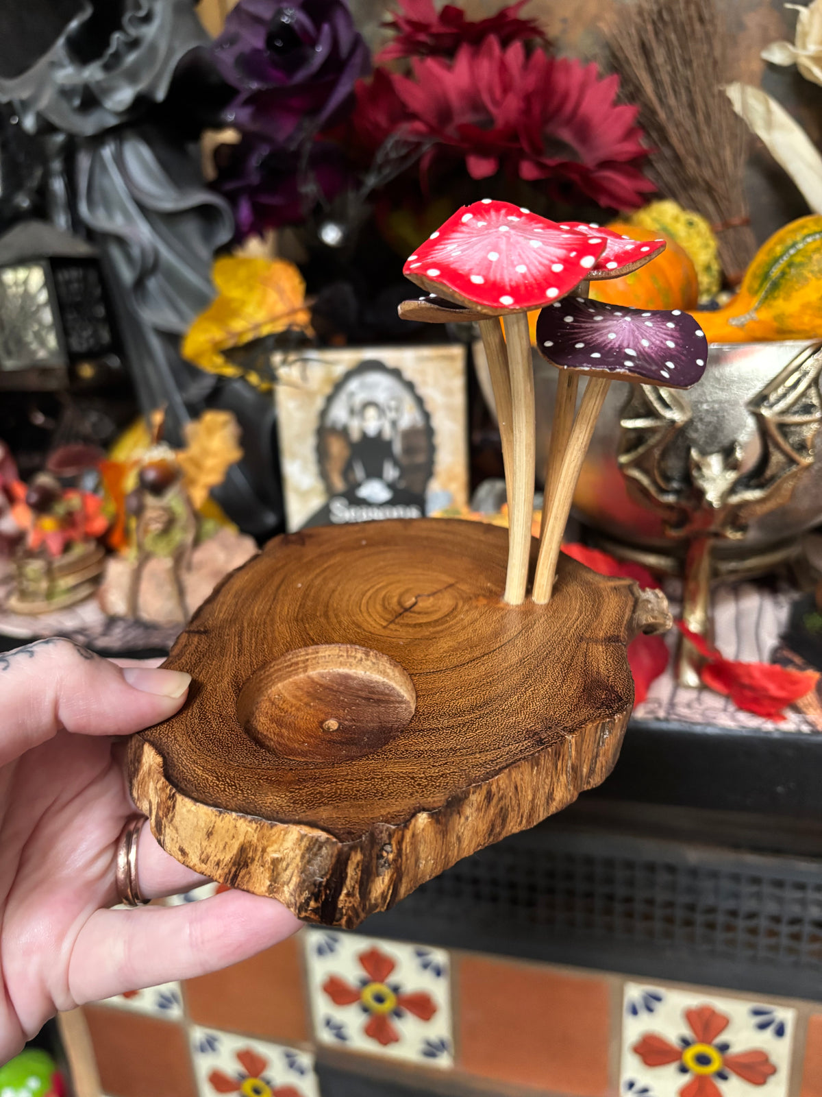 Wooden Mushroom Tealight Candle and Incense Holder