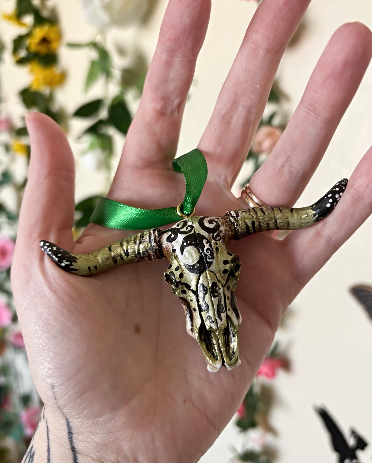 Hand Painted Bull Skull Ornament