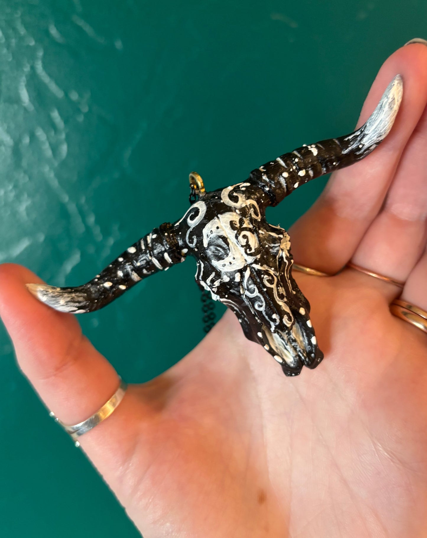 Black Hand Painted Bull Skull Necklace