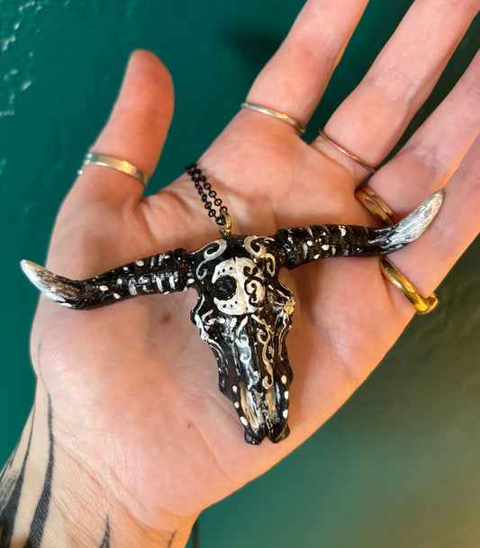 Black Hand Painted Bull Skull Necklace