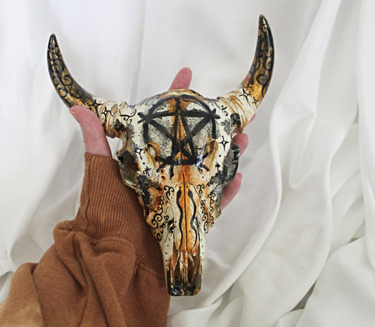 Hand Painted Pentacle Bull Skull