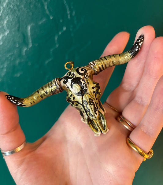 Hand Painted Bull Skull Necklace