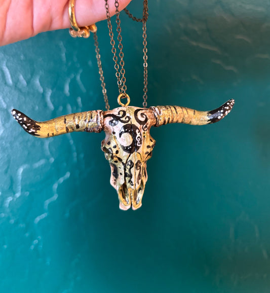 Hand Painted Bull Skull Necklace