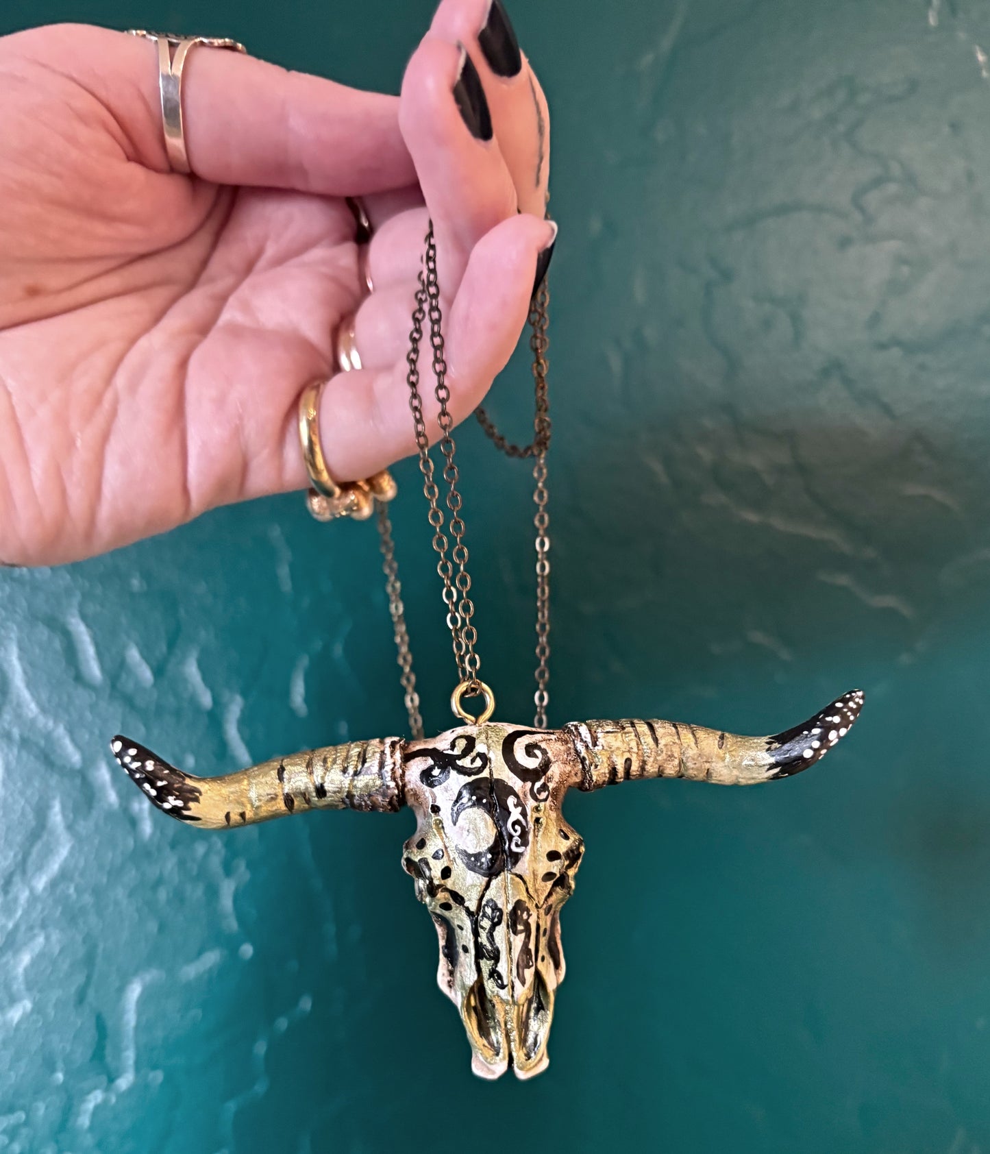 Hand Painted Bull Skull Necklace