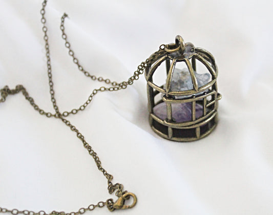 Birdcage Crystal Necklace Featuring Amethyst and Celestite