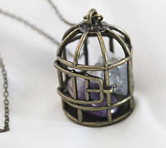 Birdcage Crystal Necklace Featuring Amethyst and Celestite