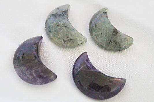 Amethyst and Labradorite Moon Crystal Carvings