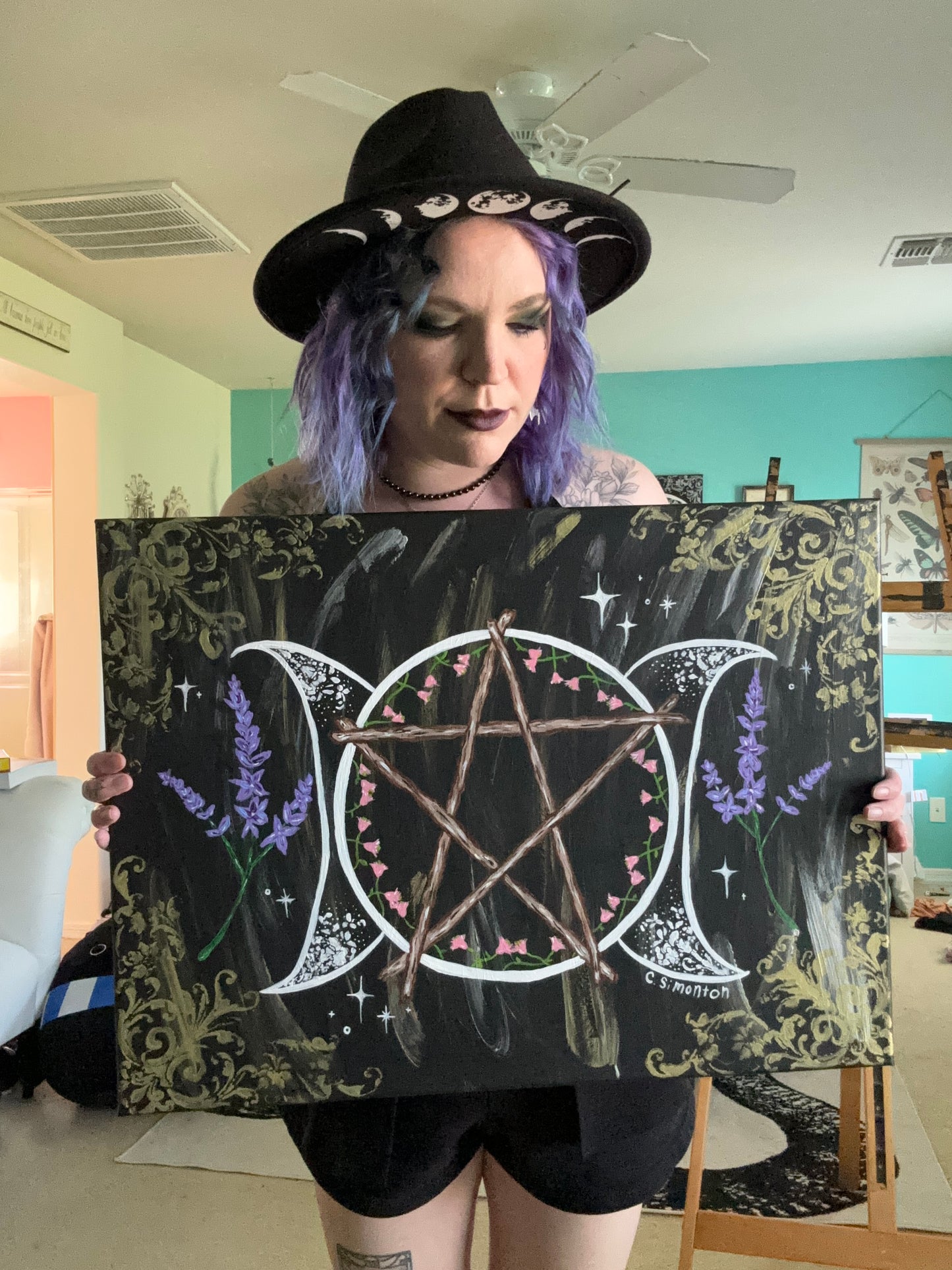 Whimsigoth Triple Moon Pentacle Lavender Acrylic Painting