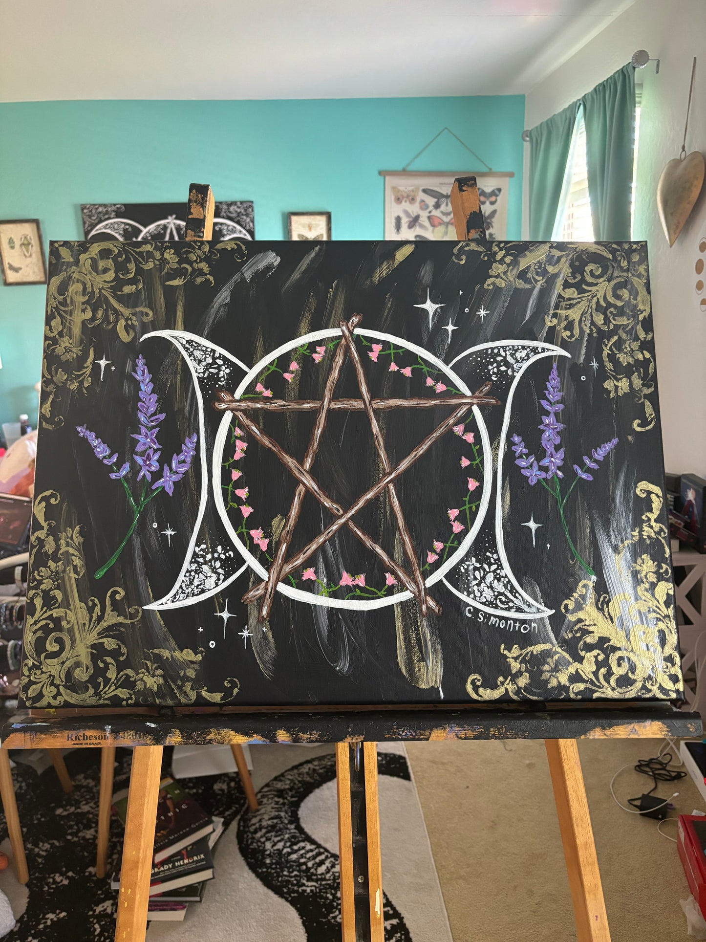 Whimsigoth Triple Moon Pentacle Lavender Acrylic Painting