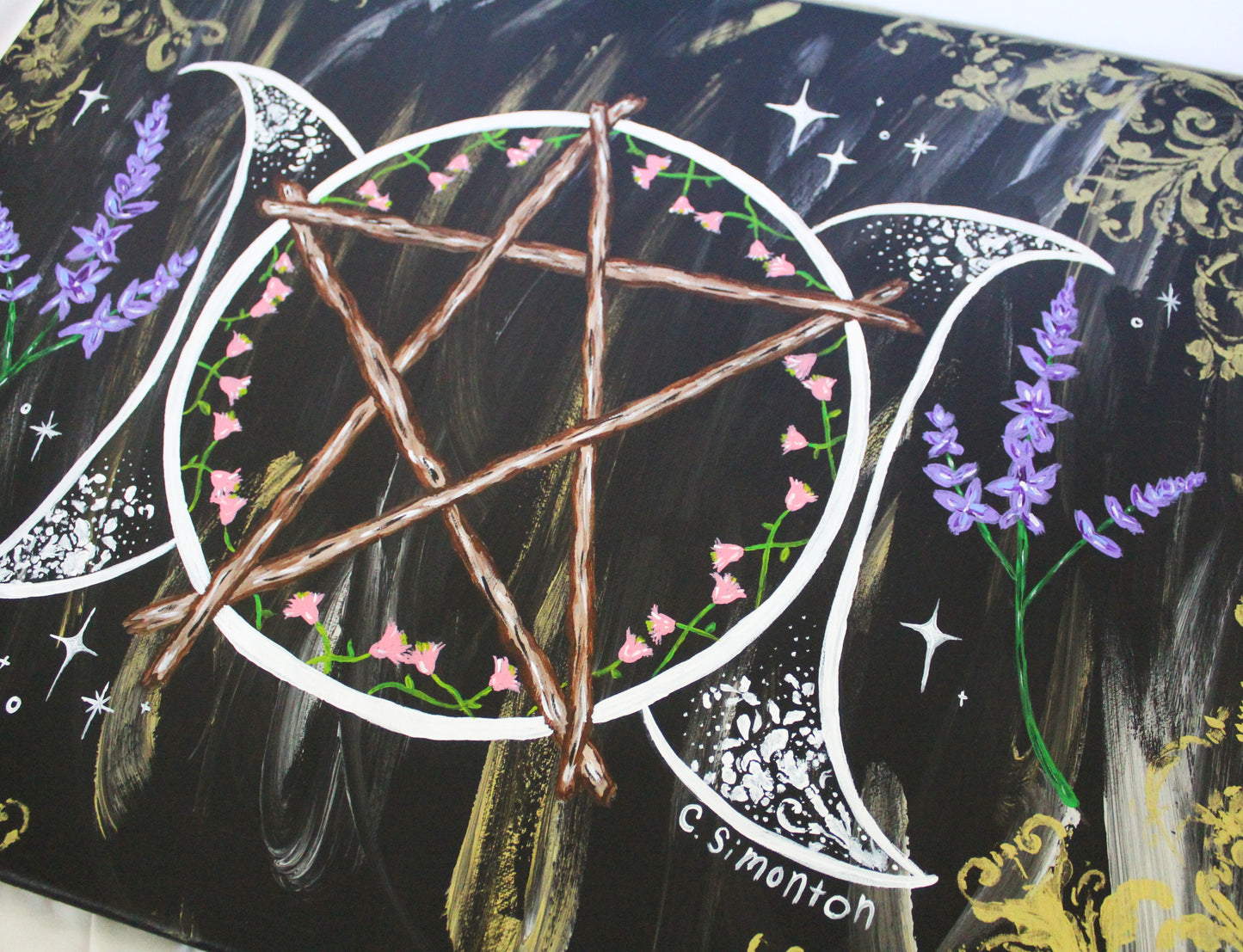 Whimsigoth Triple Moon Pentacle Lavender Acrylic Painting