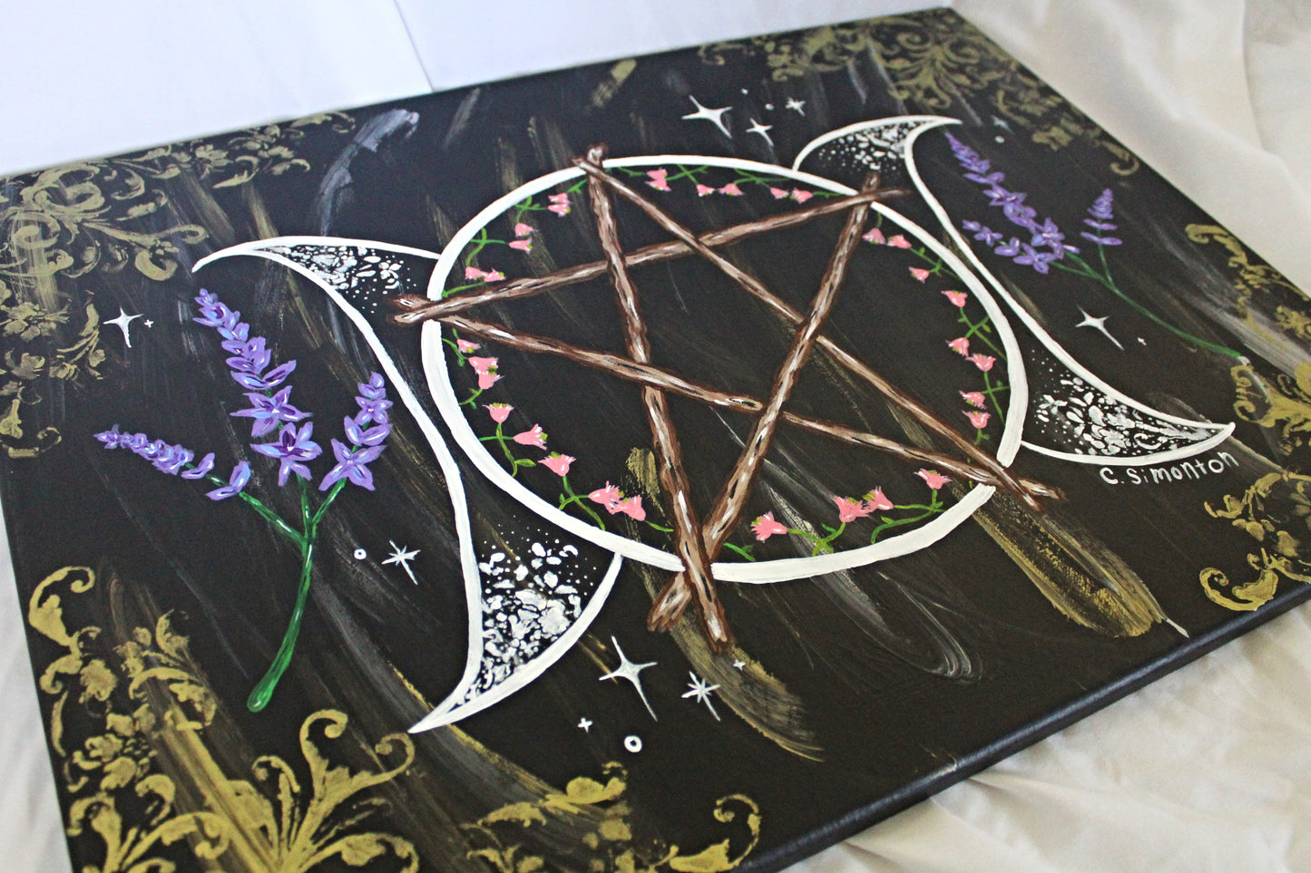 Whimsigoth Triple Moon Pentacle Lavender Acrylic Painting