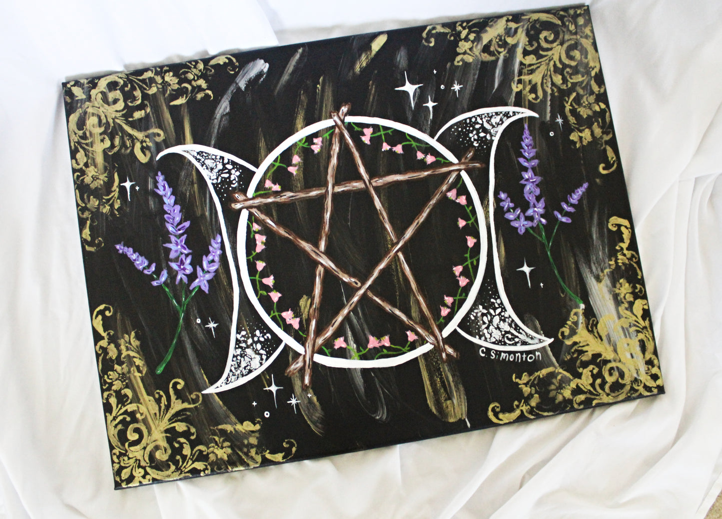 Whimsigoth Triple Moon Pentacle Lavender Acrylic Painting