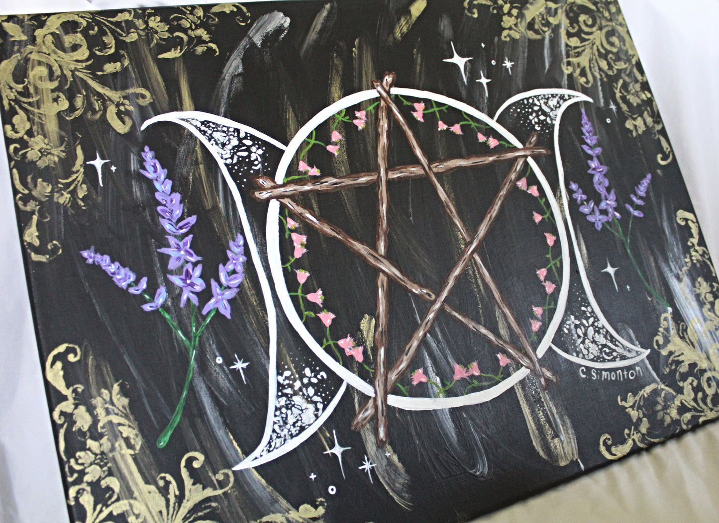 Whimsigoth Triple Moon Pentacle Lavender Acrylic Painting