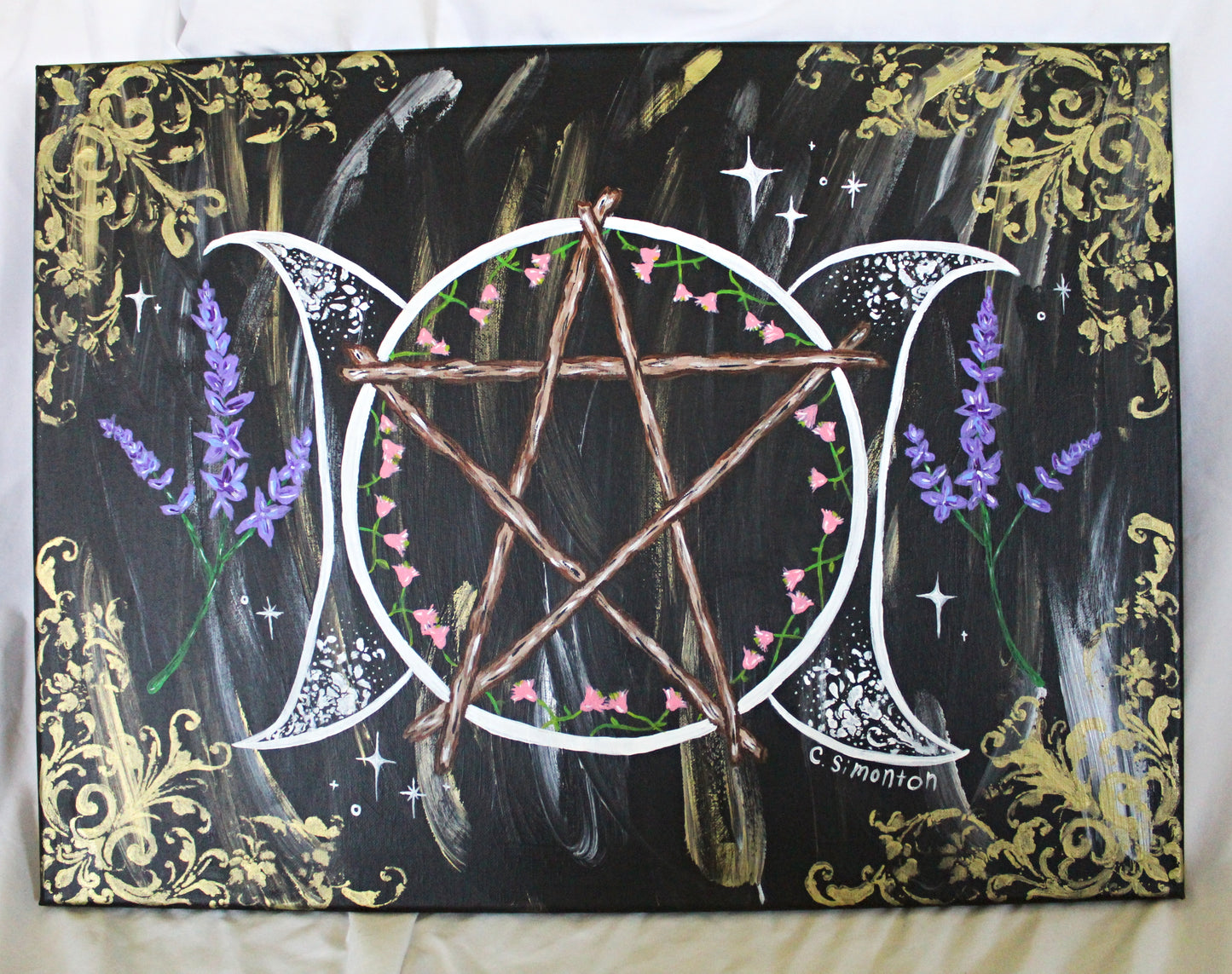 Whimsigoth Triple Moon Pentacle Lavender Acrylic Painting