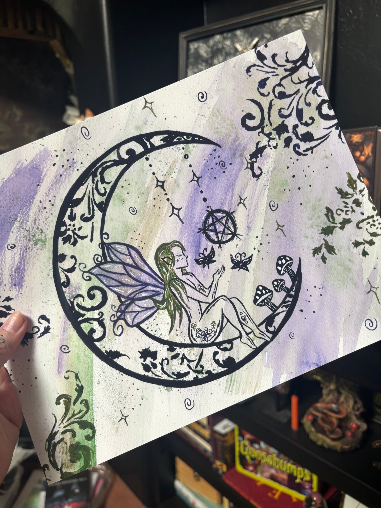 Fairy Moon Watercolor Art Print