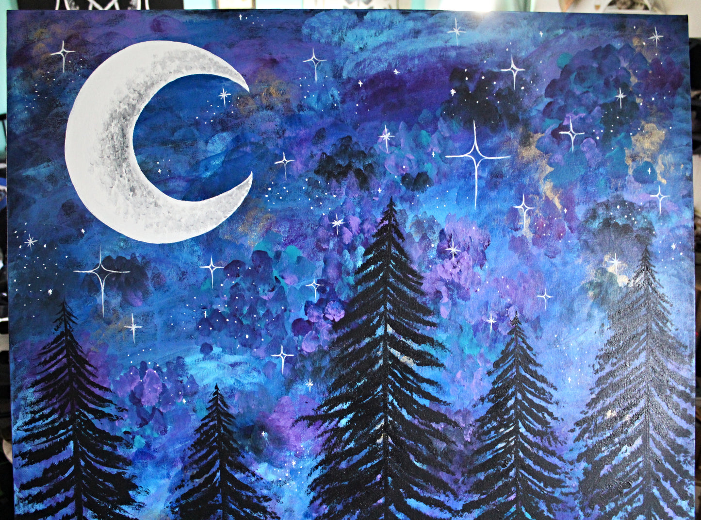 Large Night Sky Forest Acrylic Painting
