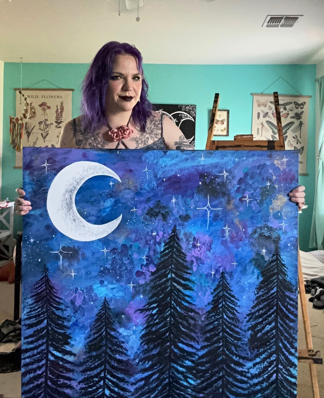 Large Night Sky Forest Acrylic Painting