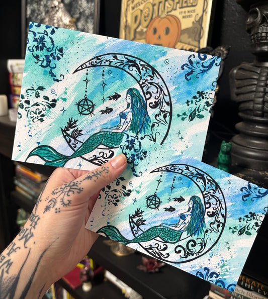 Mermaid Moon Watercolor Art Print