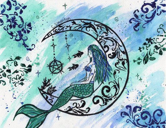 Mermaid Moon Watercolor Art Print