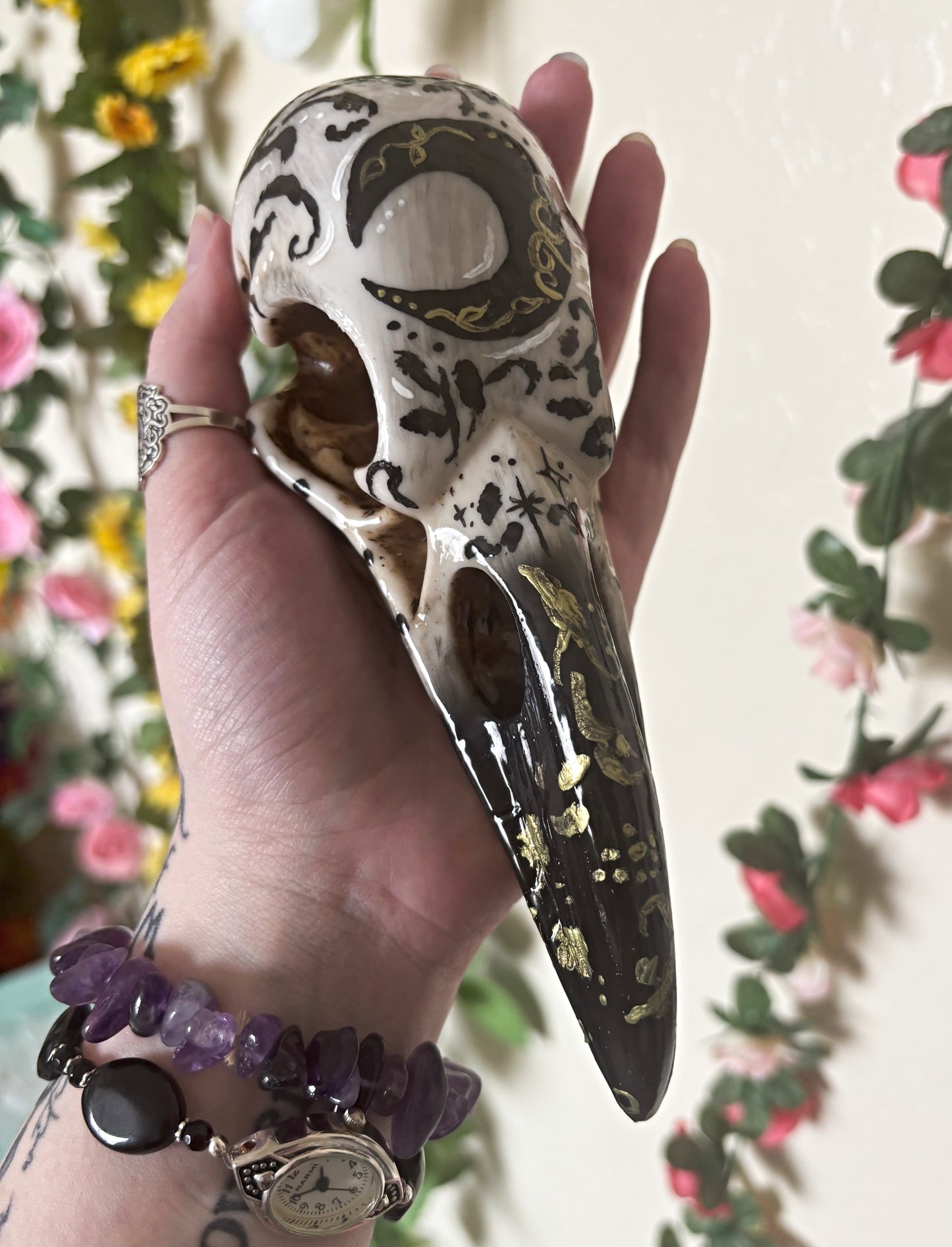 Hand Painted Raven Skull featuring Crescent Moon