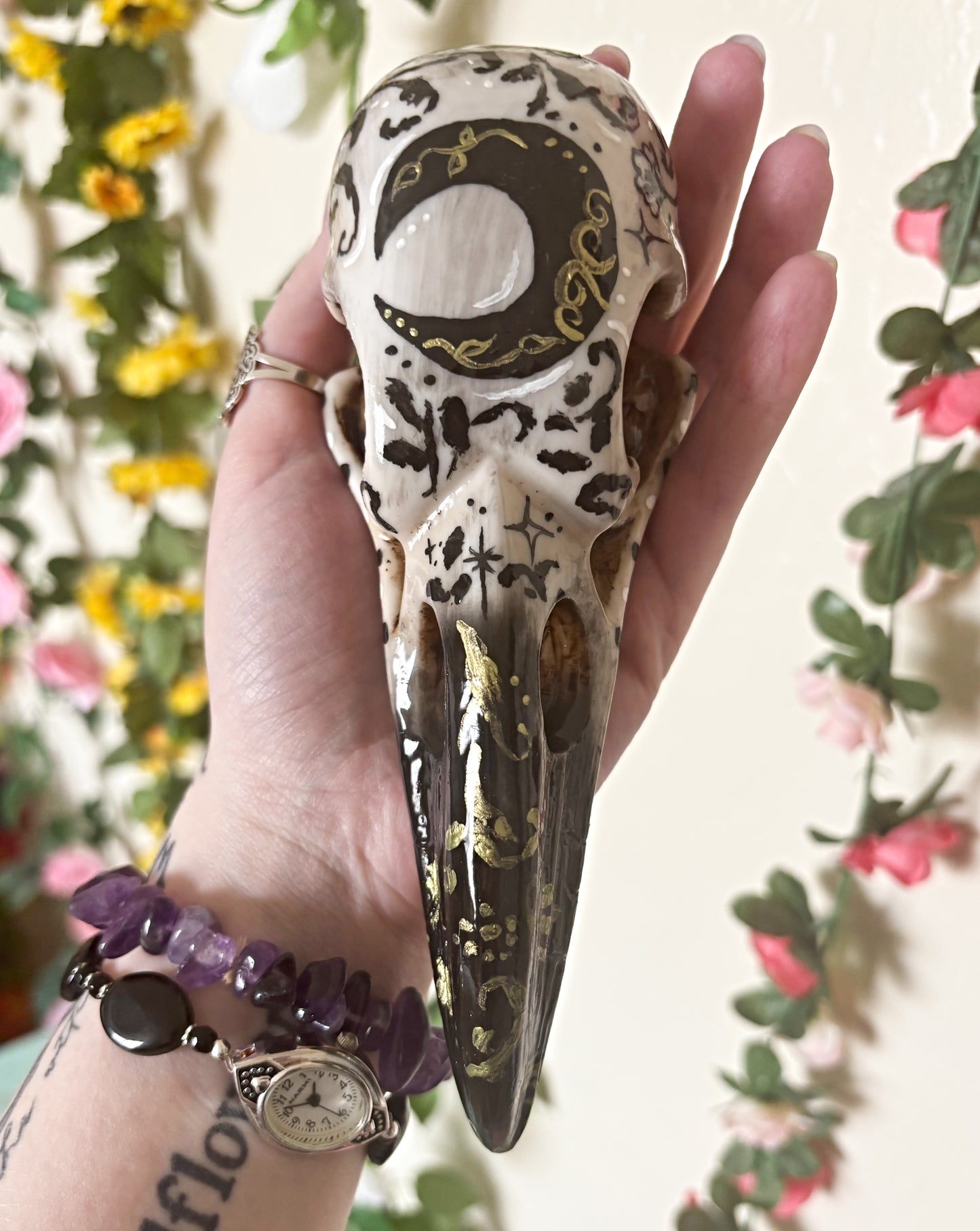 Hand Painted Raven Skull featuring Crescent Moon