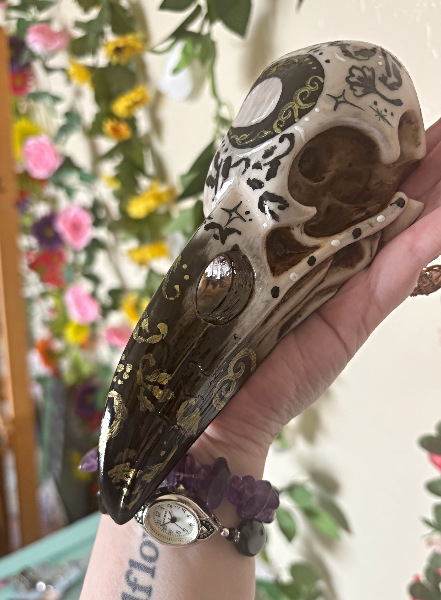 Hand Painted Raven Skull featuring Crescent Moon