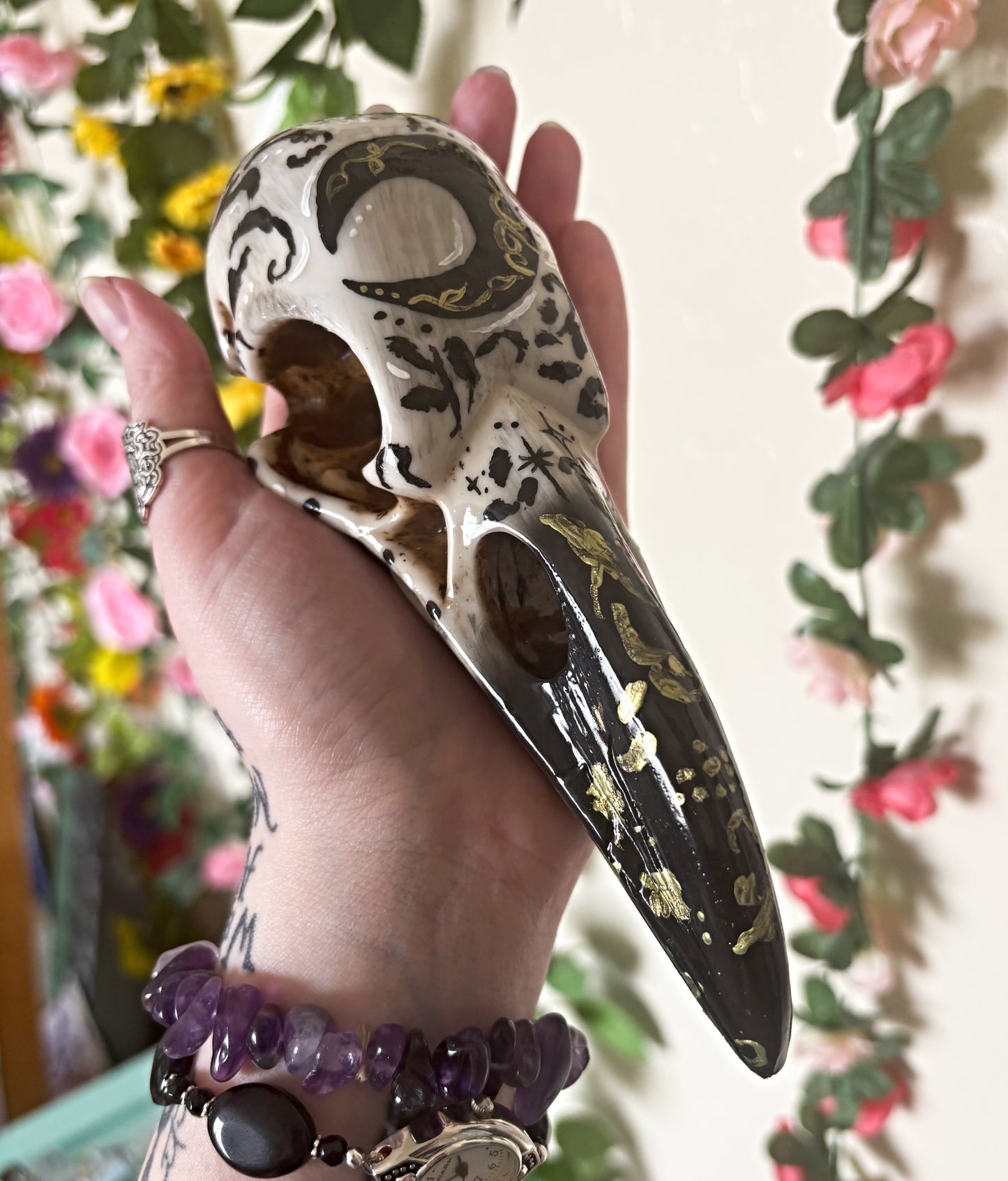 Hand Painted Raven Skull featuring Crescent Moon