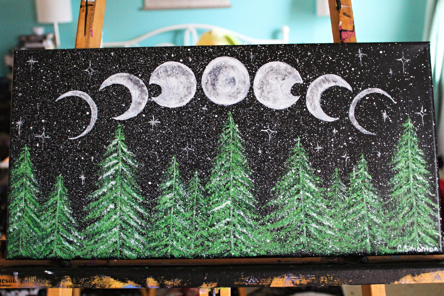 Moon Phases Green Tree Painting