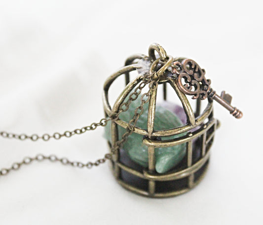 Birdcage Crystal Necklace Featuring Green Aventurine and Amethyst