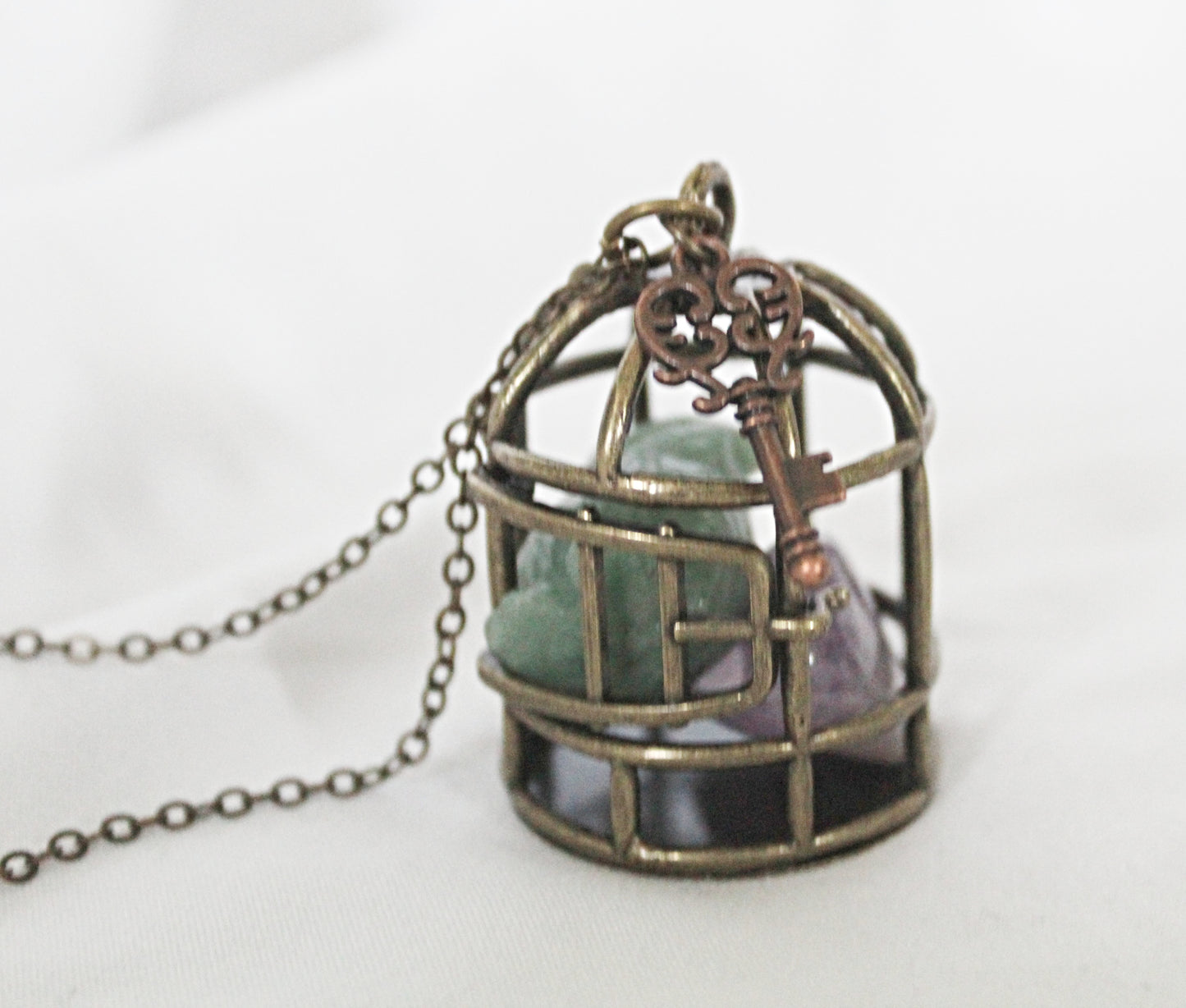 Birdcage Crystal Necklace Featuring Green Aventurine and Amethyst