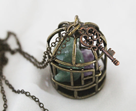 Birdcage Crystal Necklace Featuring Green Aventurine and Amethyst