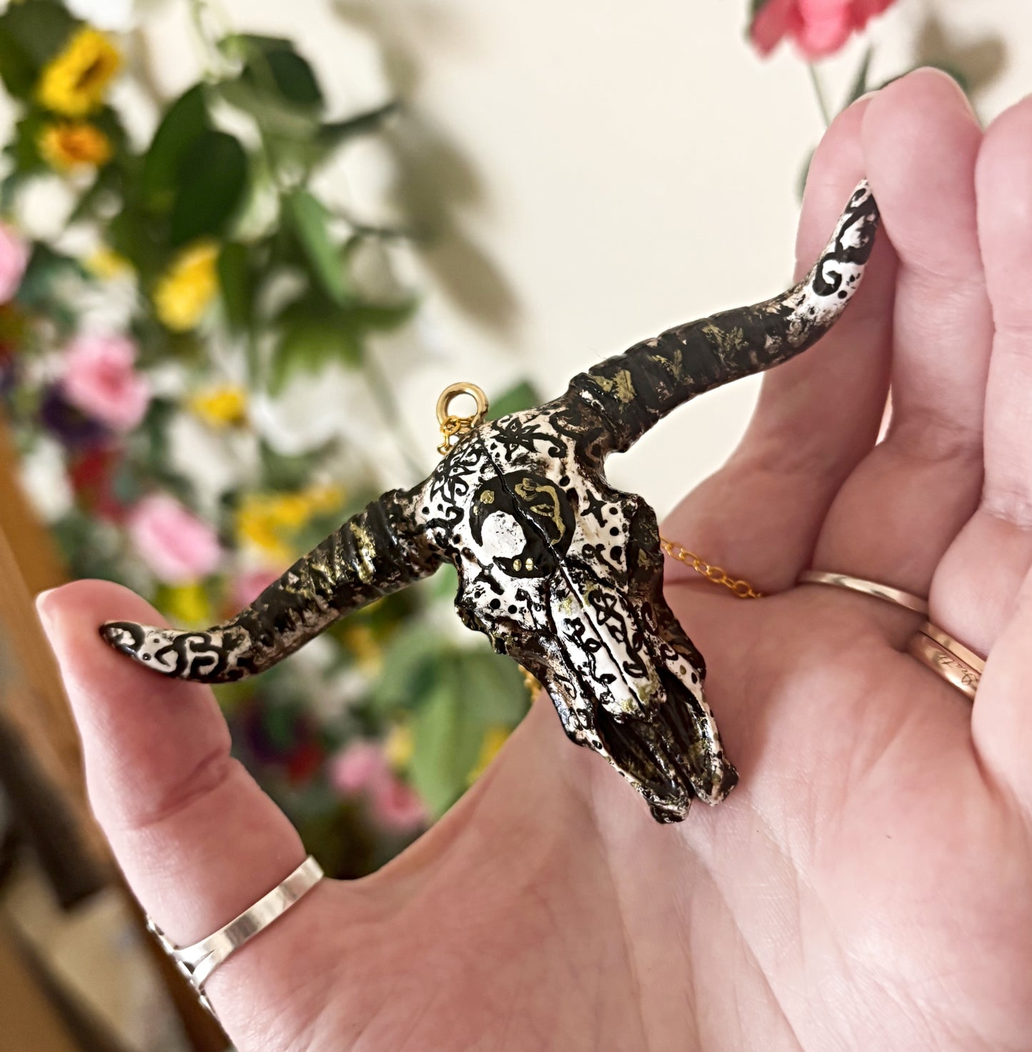 Hand Painted Bull Skull Necklace