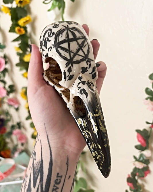 Hand Painted Pentacle Raven Skull