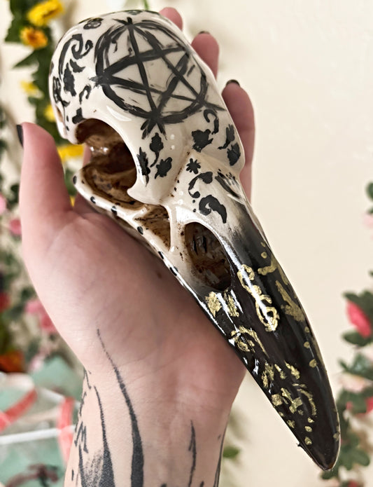 Hand Painted Pentacle Raven Skull