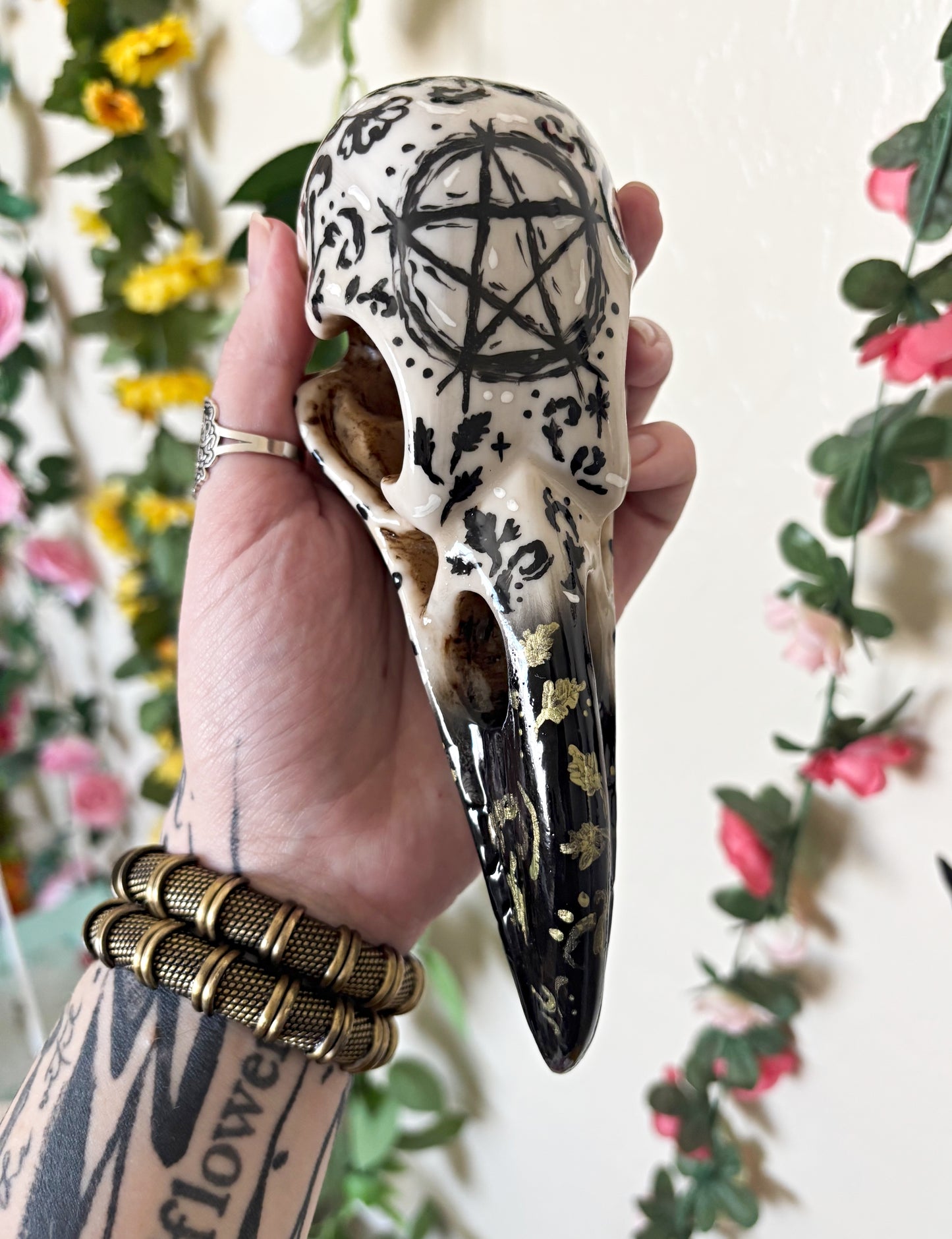 Hand Painted Pentacle Raven Skull