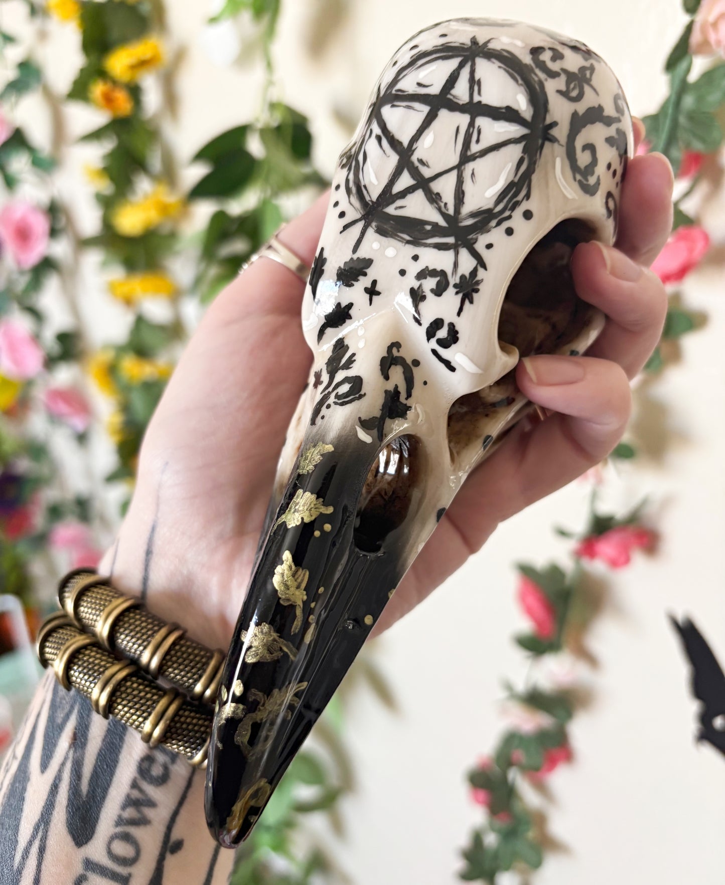 Hand Painted Pentacle Raven Skull