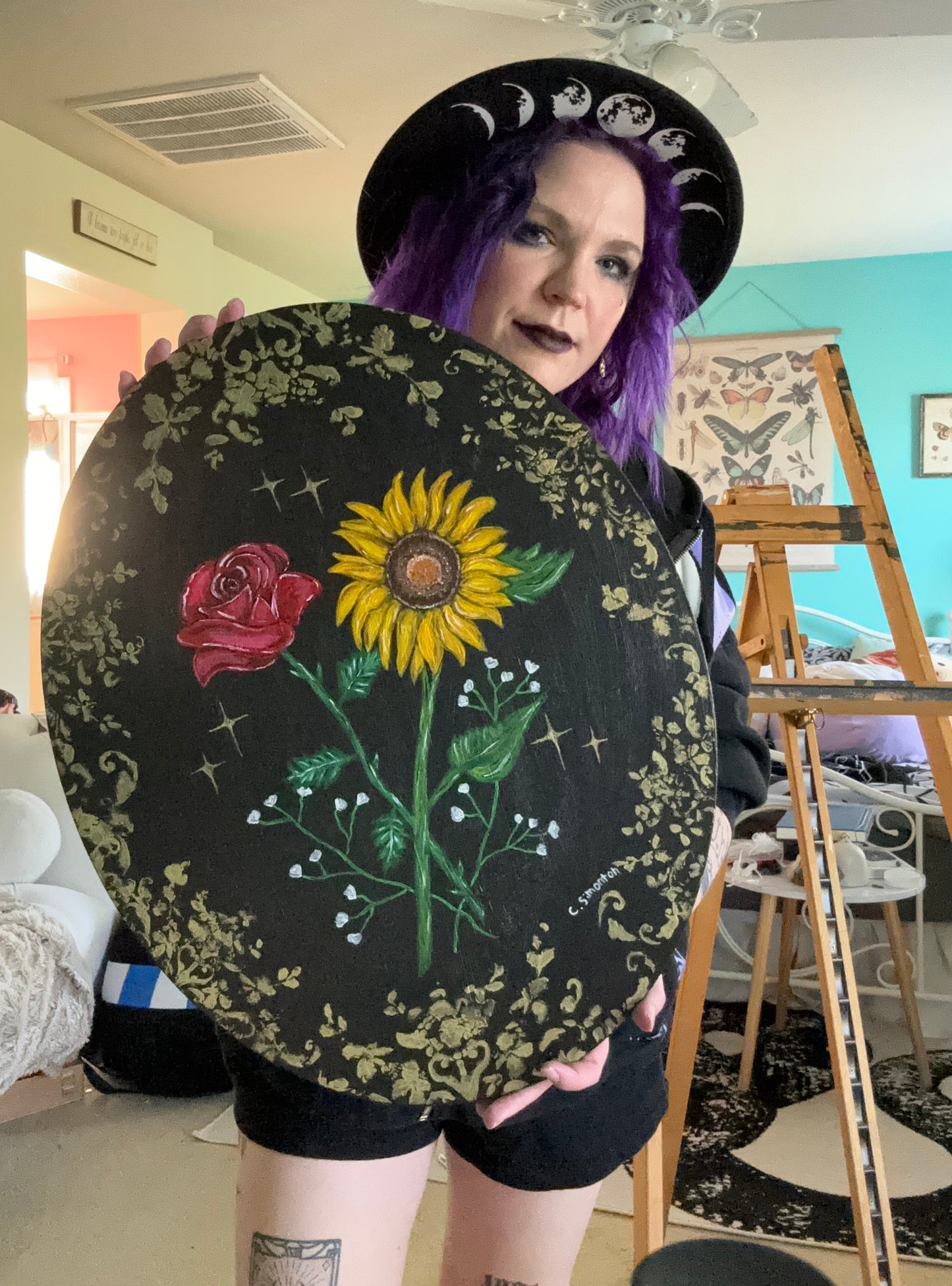Rose and Sunflower Whimsigoth Acylic Painting