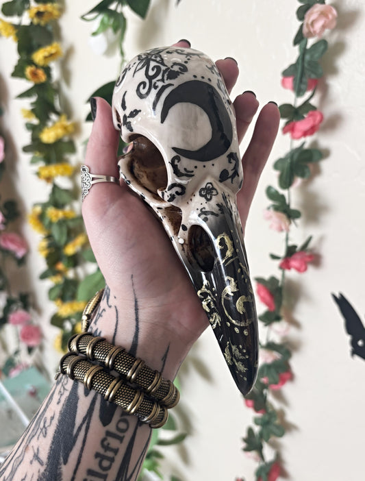 Hand Painted Crescent Moon Raven Skull