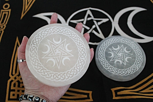 Selenite Pentacle With Moons Charging Plate