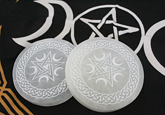 Selenite Pentacle With Moons Charging Plate