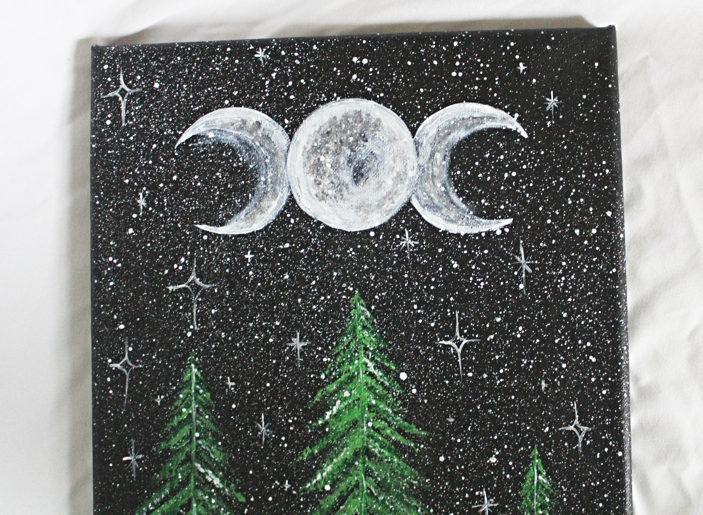 Triple Moon Green Tree Forest Acrylic Painting