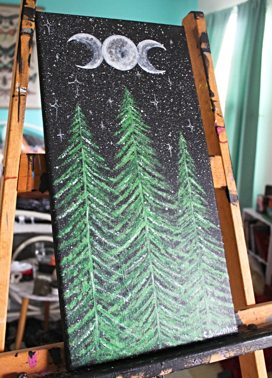 Triple Moon Green Tree Forest Acrylic Painting