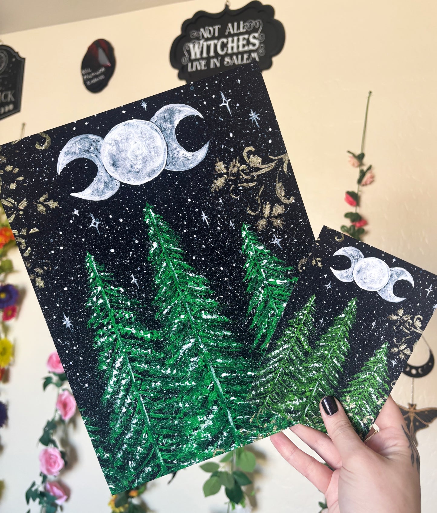 Triple Moon Green Forest Acrylic Paint Art Print