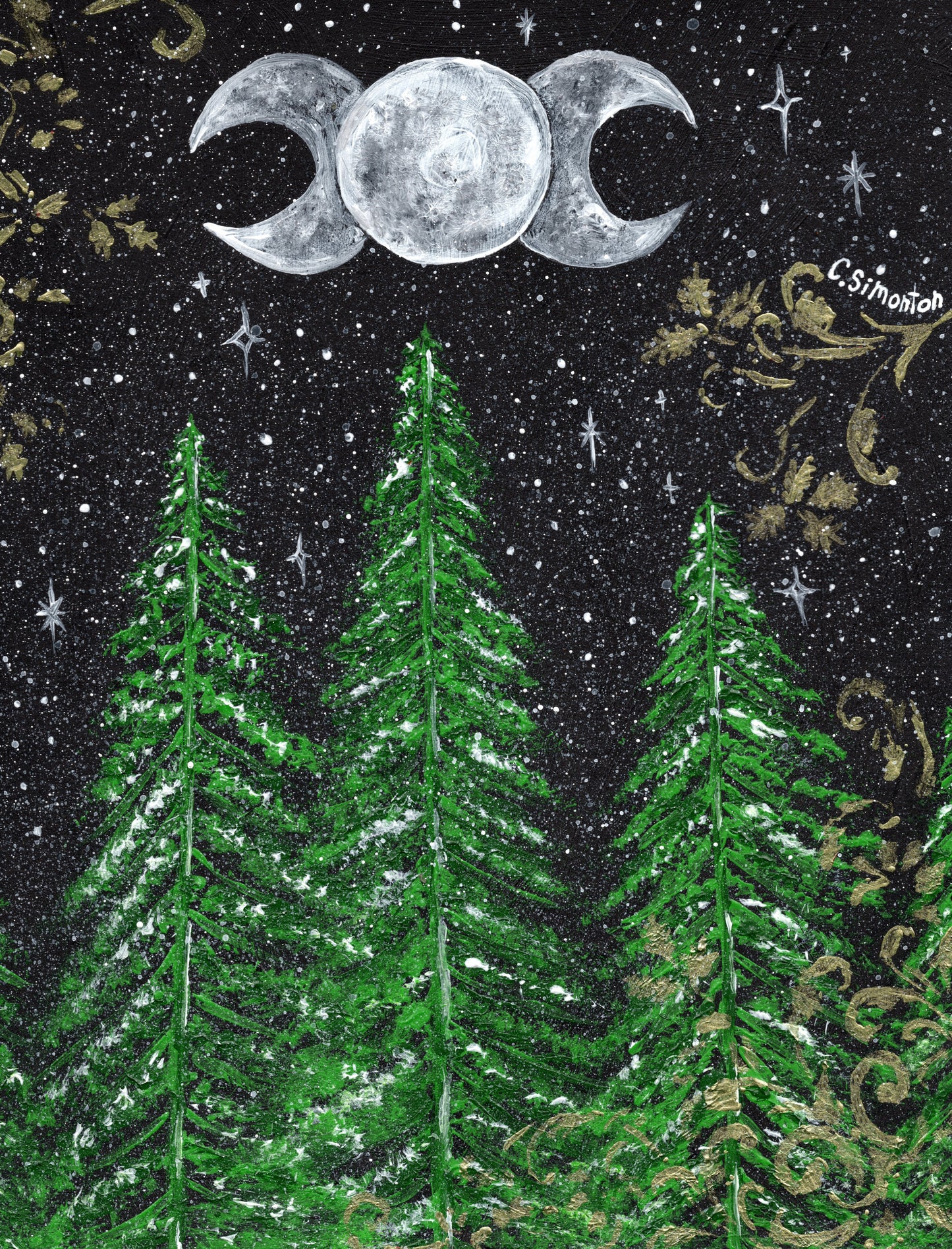 Triple Moon Green Forest Acrylic Paint Art Print
