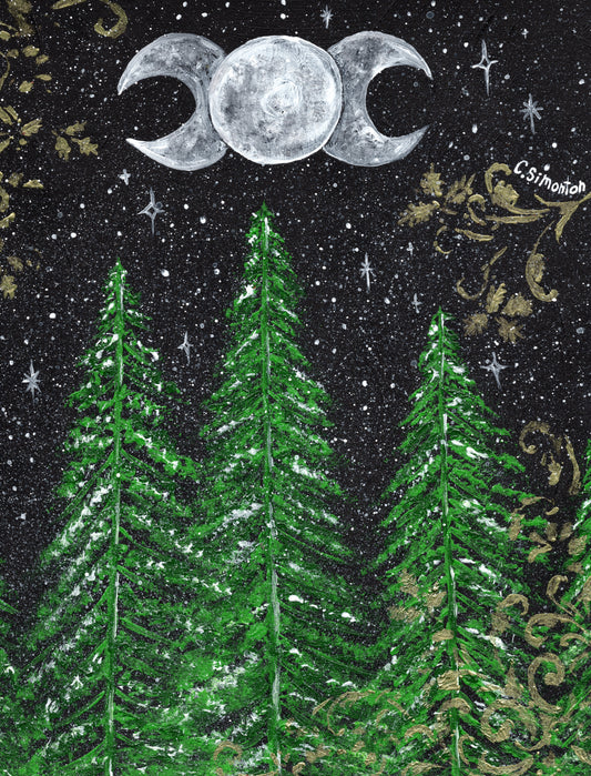 Triple Moon Green Forest Acrylic Paint Art Print