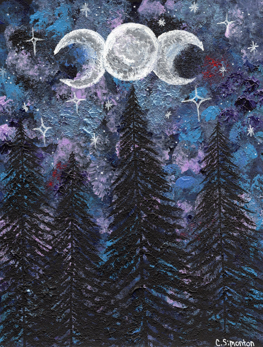 Triple Moon Night Sky Forest Art Print